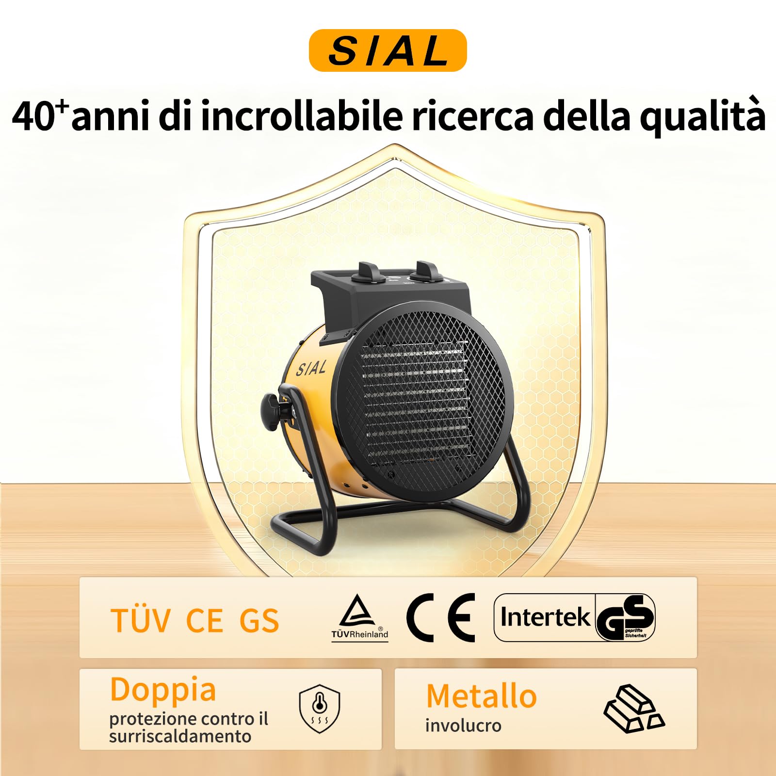 SIAL Termoventilatore 2000 W - Radiatore Elettrico - Ceramica - Riscaldamento Industriale - Riscaldamento Rapido in 3 Secondi - Termostato e Protezione da Surriscaldamento (Giallo)