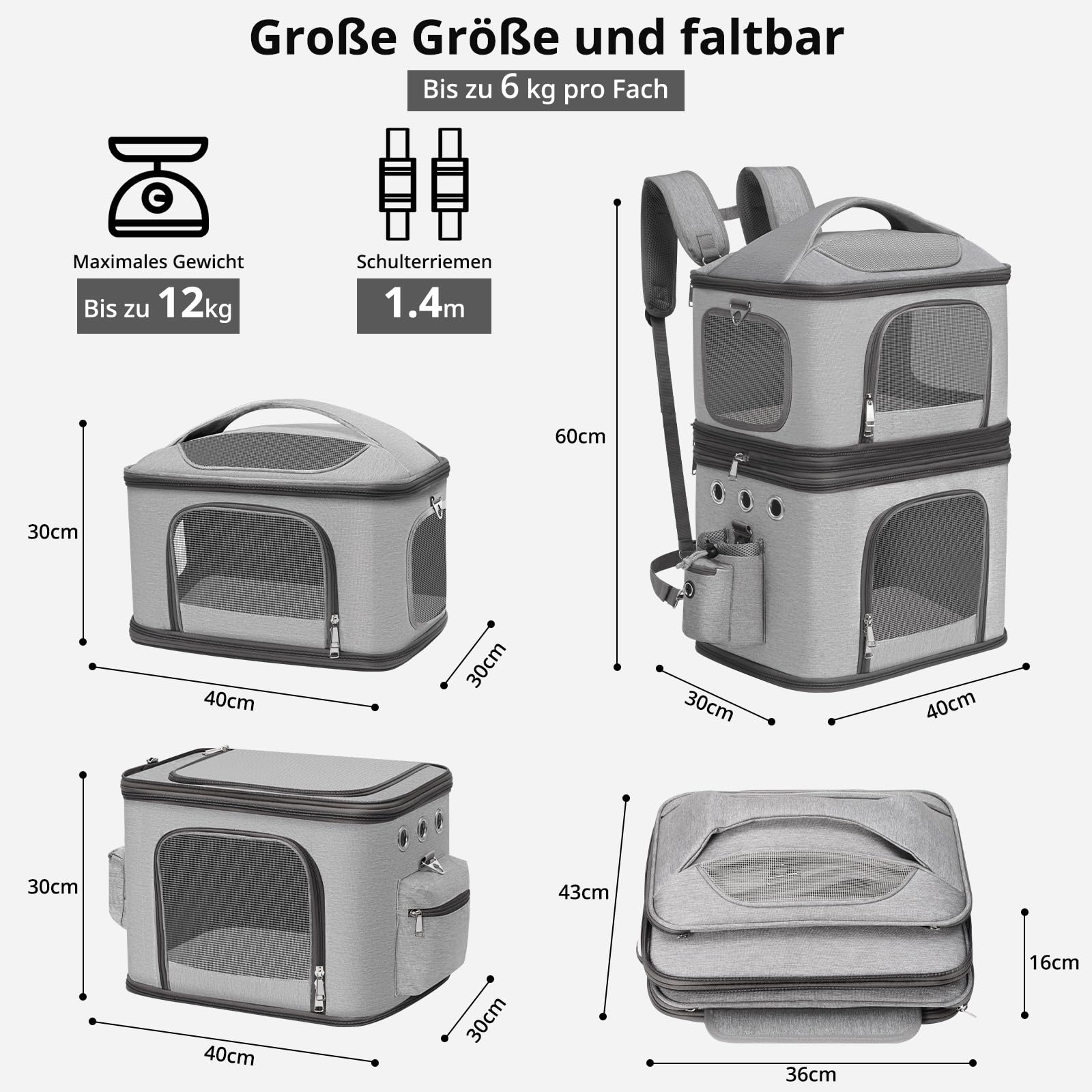 Abnehmbarer Katzenrucksack für 2 Katzen bis 12kg, Faltbar Katzentransportbox, Kucksack Groß für 2 Katzen, Perfekt für Reisen/Wandern/Camping, Grau