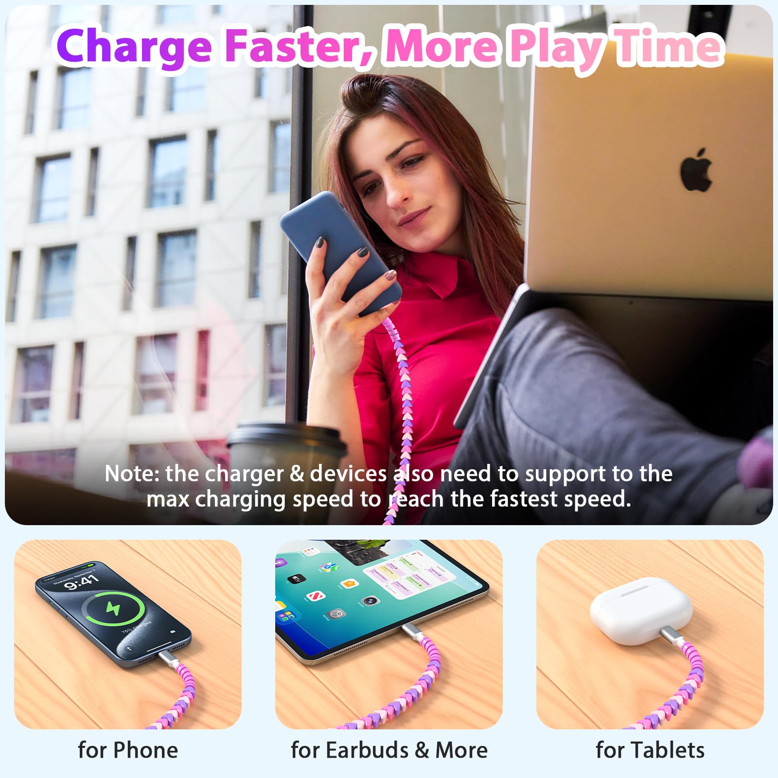 Cable USB C con cuentas de 1 m, cable de carga rápida para CarPlay, 25 W, 20 W, 18 W, 15 W, USB a tipo C, carga rápida para Samsung S25 Edge S24 FE S23 A17 para iPad A16 Pixel 9a para Moto G Stylus