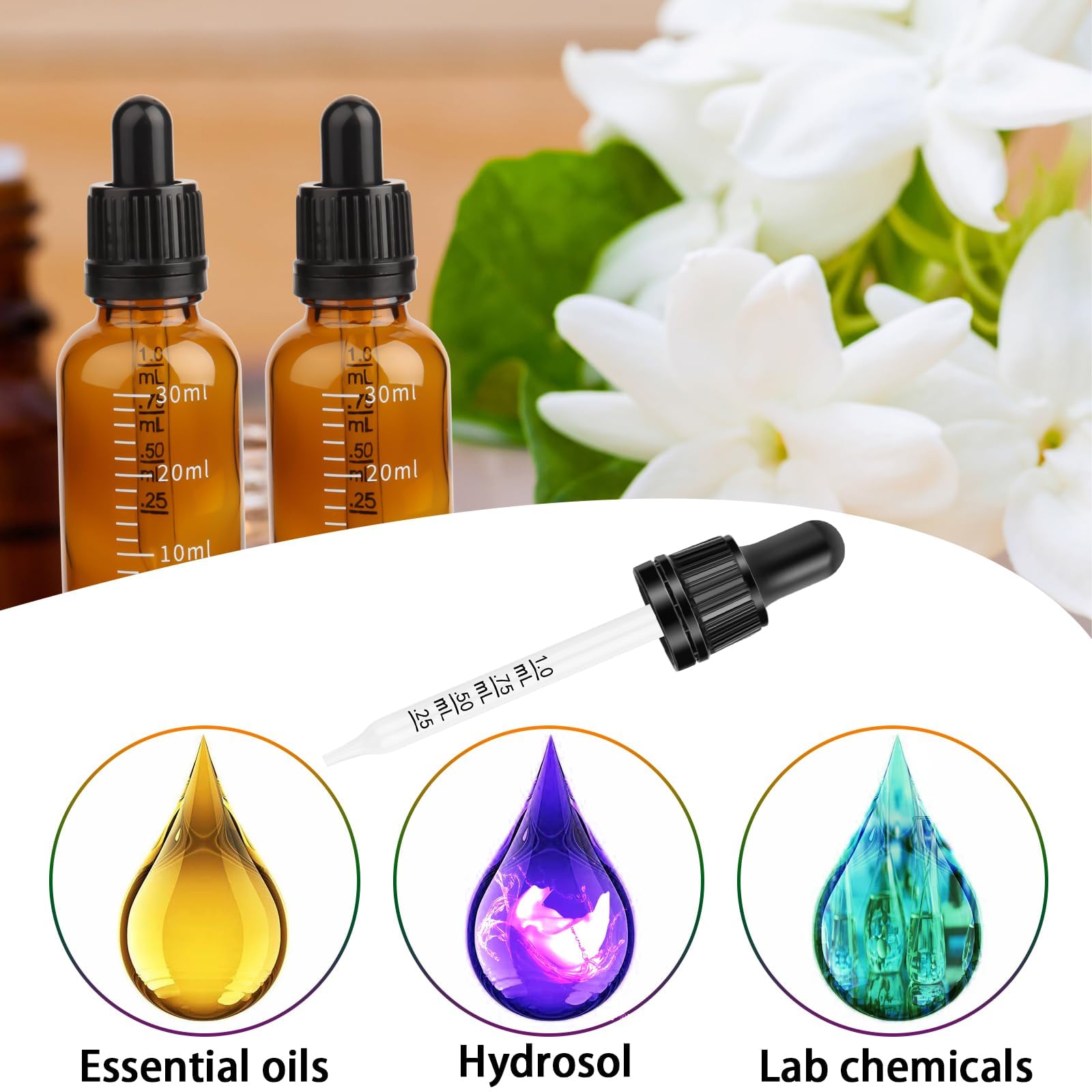 4 Bottiglie Contagocce Vetro Ambra 100ml Con Pipetta - Per Oli Essenziali E Aromaterapia + 2 Imbuti