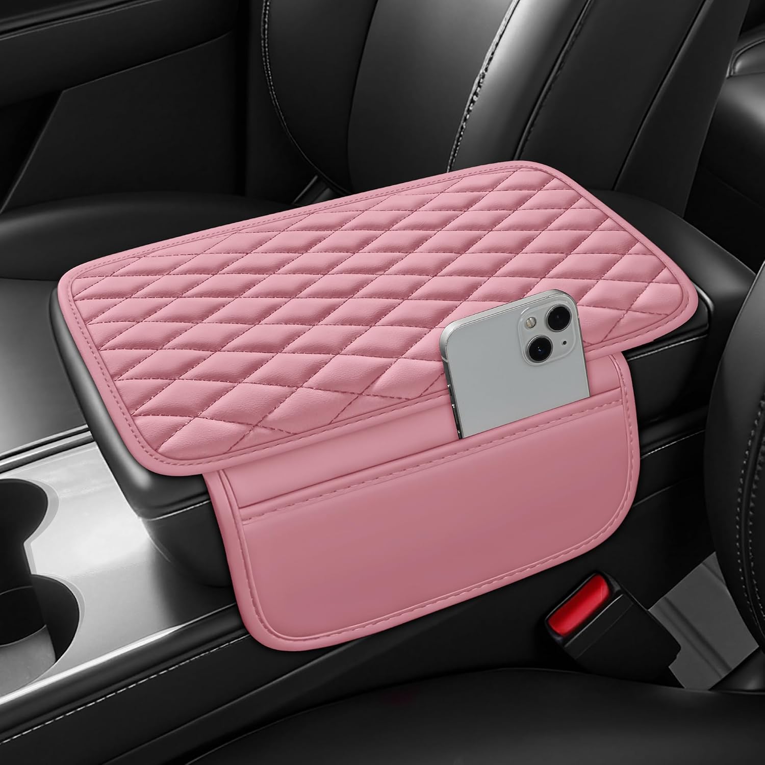 Waterproof Leather Car Center Console Pad with 2 Storage Bags, Auto Armrest Box Cover Protector, Comfortable Interior Accessories for Most Household Cars, Sedans & SUV (Pink)