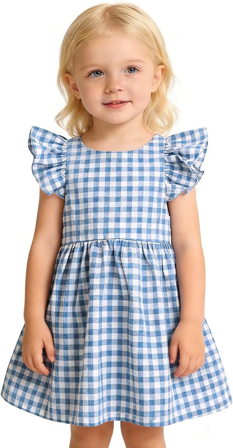 ROYLAMP Summer Girls Gingham Dress Ruffle Sleeves Back Bow Cute Toddler Dresses for Casual Play