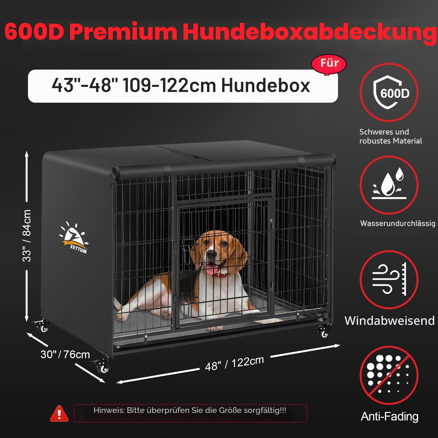 Zettum 120 cm Hundekäfig Abdeckung, Hundekäfigabdeckung Winddicht und langlebig, 600D Oxford strapazierfähig Hundebox Abdeckung, universell passend für Hundekäfige (Ohne Hundekäfig - 121x76x83 cm)