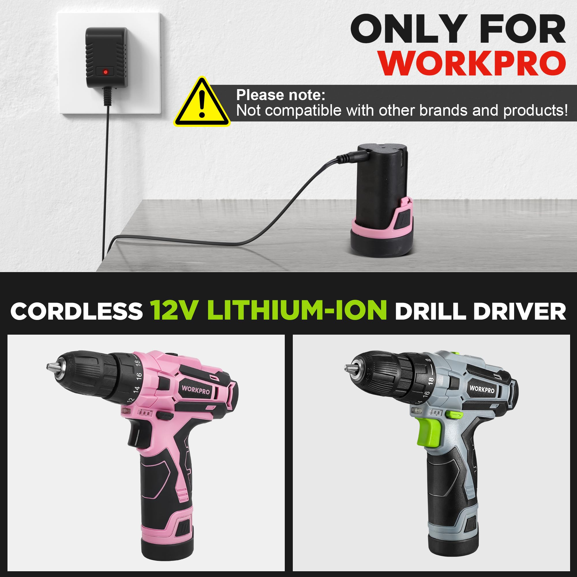 WORKPRO 12V Battery Pack Charger – Only Compatible with WORKPRO Cordless 12V Lithium-ion Drill Driver (Models: W004576A, W004577A, W122044AE, W122045AE), Not Compatible with Other Drills