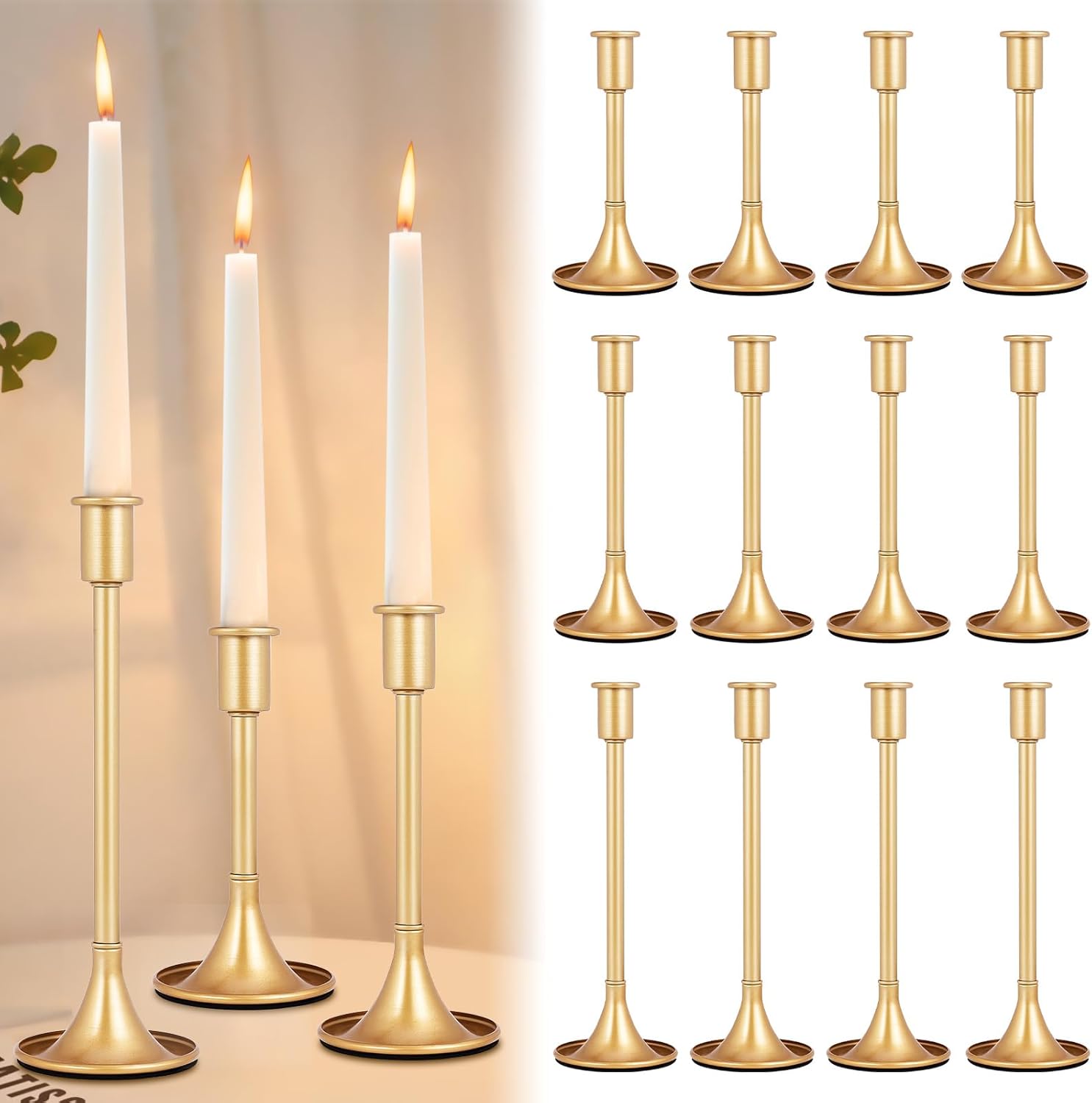 12 Pcs Gold Taper Candle Holders Lengthen with Anti-Slip Pad Vintage Low Metal Candles Metal Gold Candlestick Holder Set for Table Centerpiece,Weddings, Dinners Christmas Decor, 3 Sizes