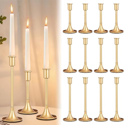 Juego de 12 portavelas cónicos dorados alargados con almohadilla antideslizante, velas vintage de metal bajo, juego de candelabros de metal dorado