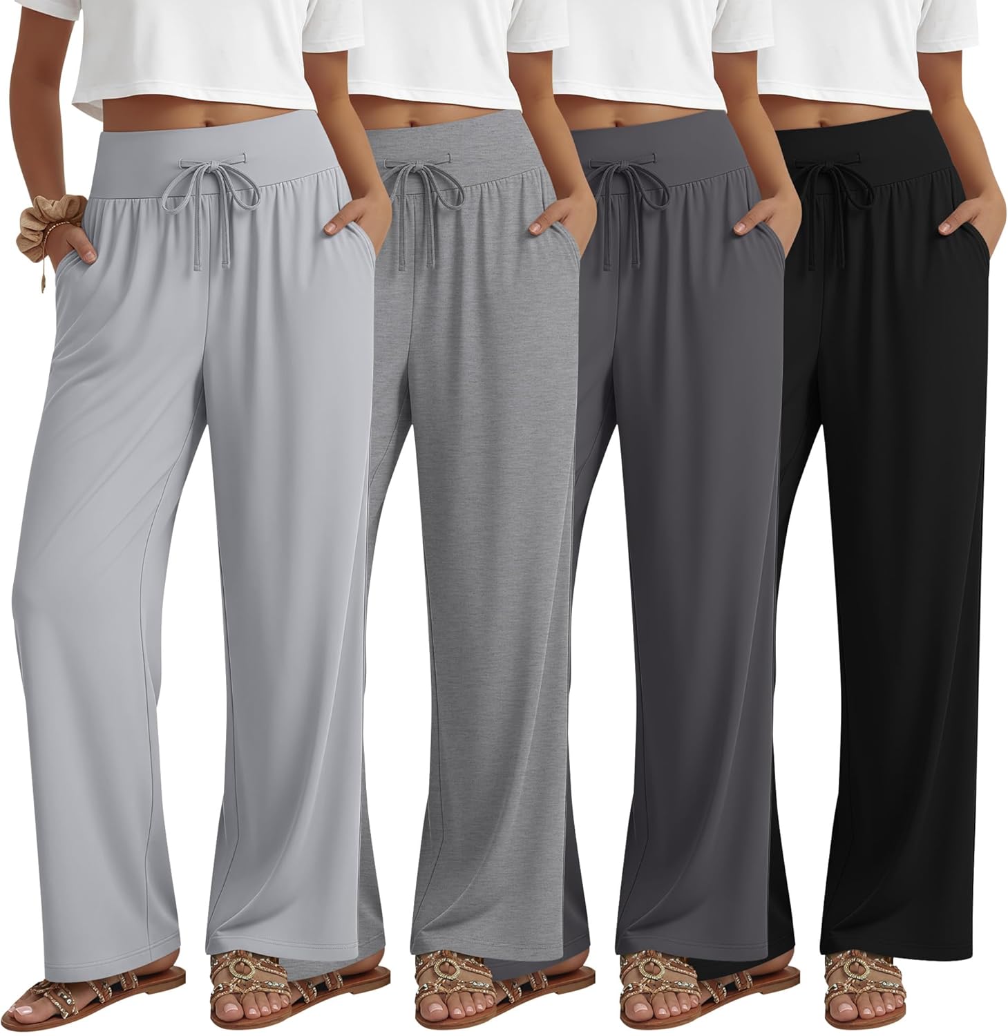 4 Pack Women's Lounge Pants, Drawstring Wide Leg Yoga Pants Sweatpants with Pockets Running Workout Legging