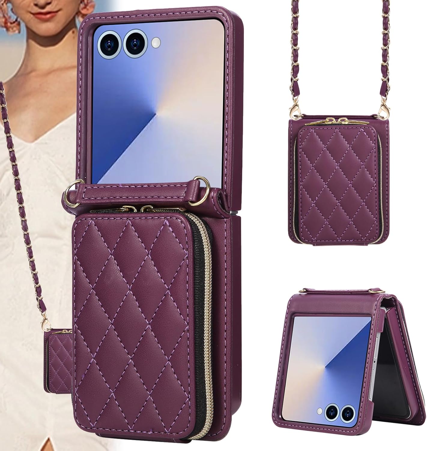 for Samsung Z Flip 7 Wallet Case, Crossbody Case for Galaxy Z Flip 7, Leather Phone Purse with Zipper Closure, Shockproof Flip Case with Card Holder & Wrist Strap for Women Girl(Wine)