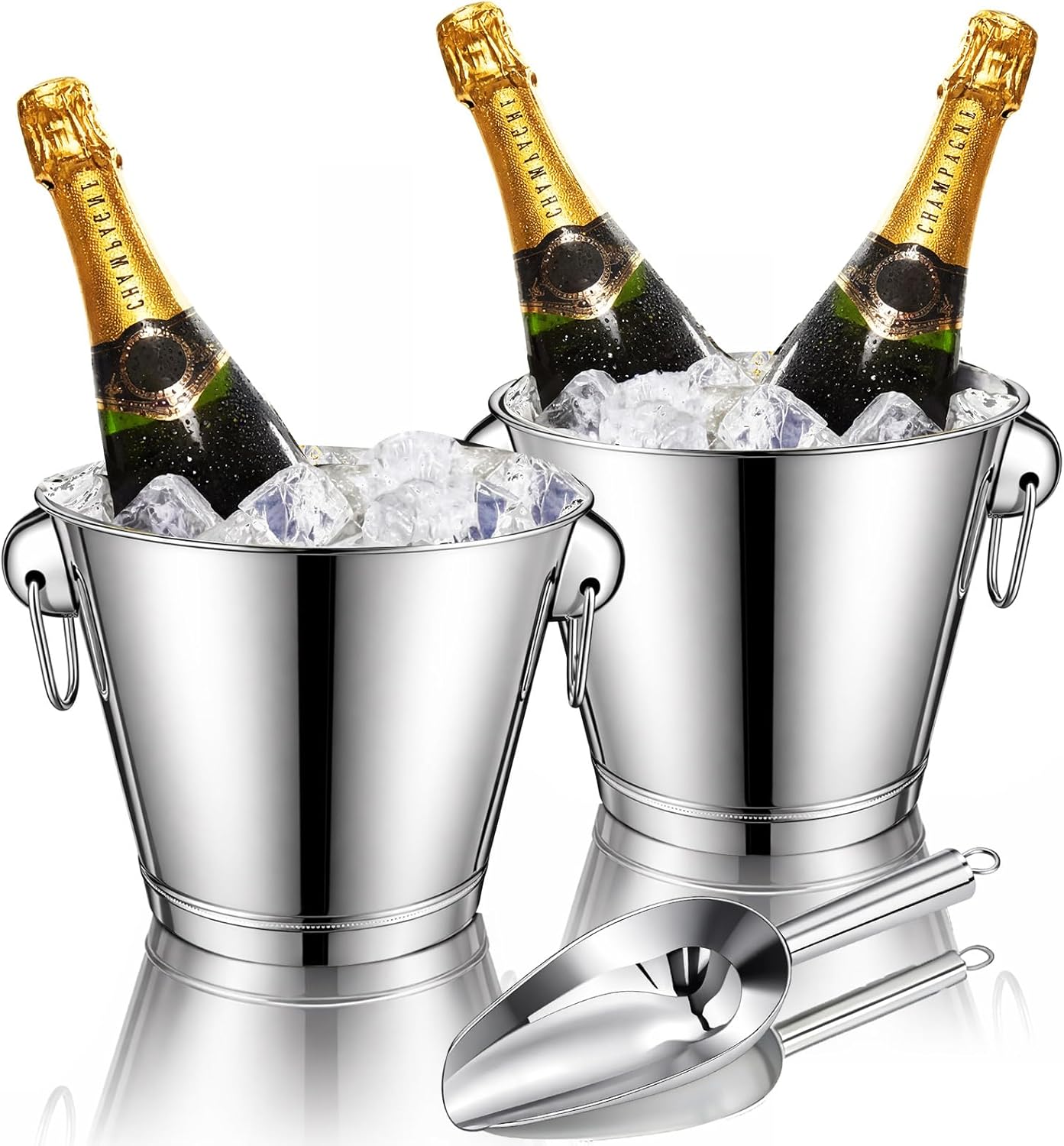 meekoo 4 Pcs 4 Quart Champagne Bucket Wine Bucket Metal Ice Container with 1 Pcs 6 oz Ice Scoop and Handles Stainless Steel Drink Cooler Cocktails Wine Chiller Beer Tub for Bar Party BBQ Banquet