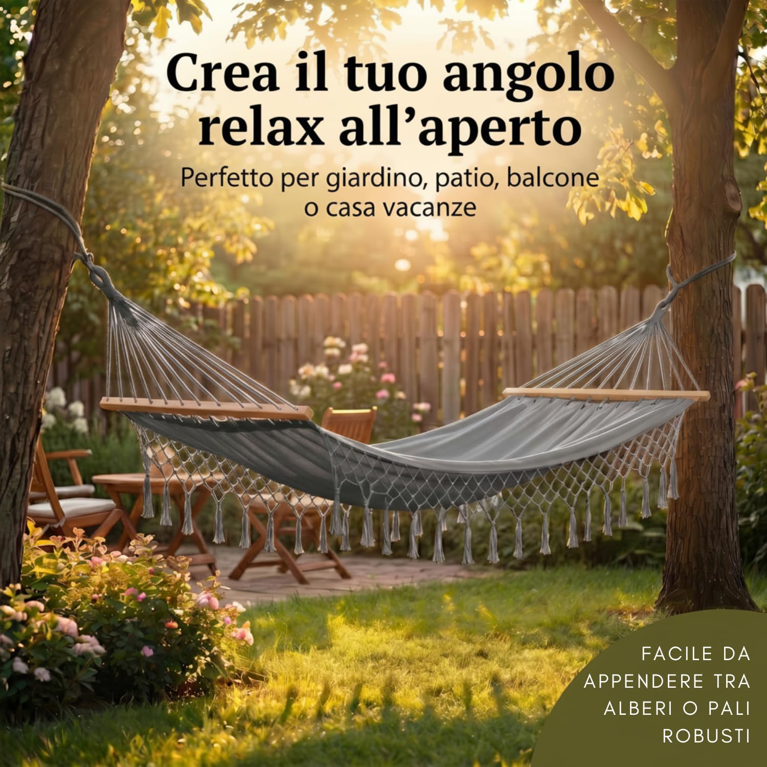 Marvin Amaca da Giardino Indonesia, Letto Dondolo da Esterno Campeggio, Barre di Legno, in Cotone Tessuto Resistente (GRIGIO 200x150)