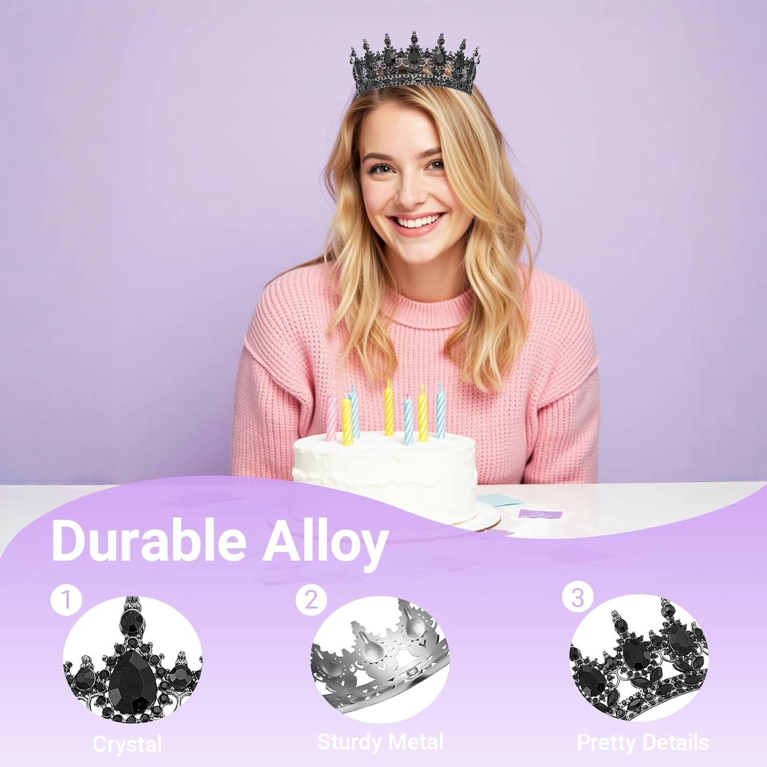 Crown for Women, Crystal Queen Crown for Birthday Costume Party Celebration, Black - Image 3