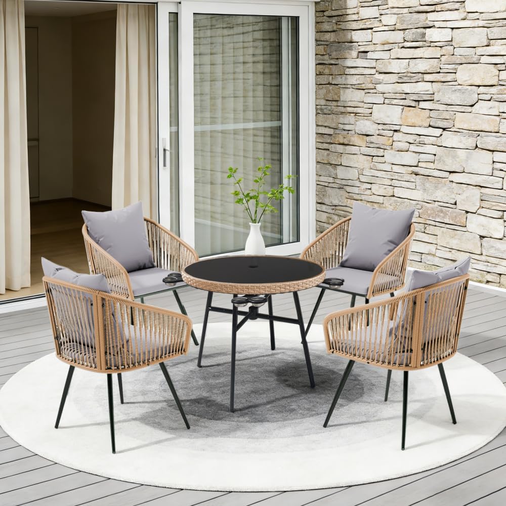 Outdoor Patio Dining Set 5-Piece Furniture, Wicker Rattan Chairs with Cushions and Round Glass Table for Garden Backyard Poolside
