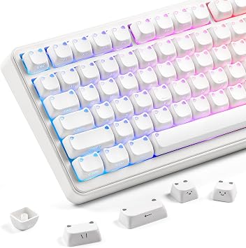 YUNZII Cute Cat Keycap Set, Mao Profile,Side-print PBT/PC Shine Through Keycaps Set,113 Keys for Custom Mechanical Keyboard With Cherry MX Swithes for 60%, 65%, 75%,TKL, 96%,100% Layout for WinWhite