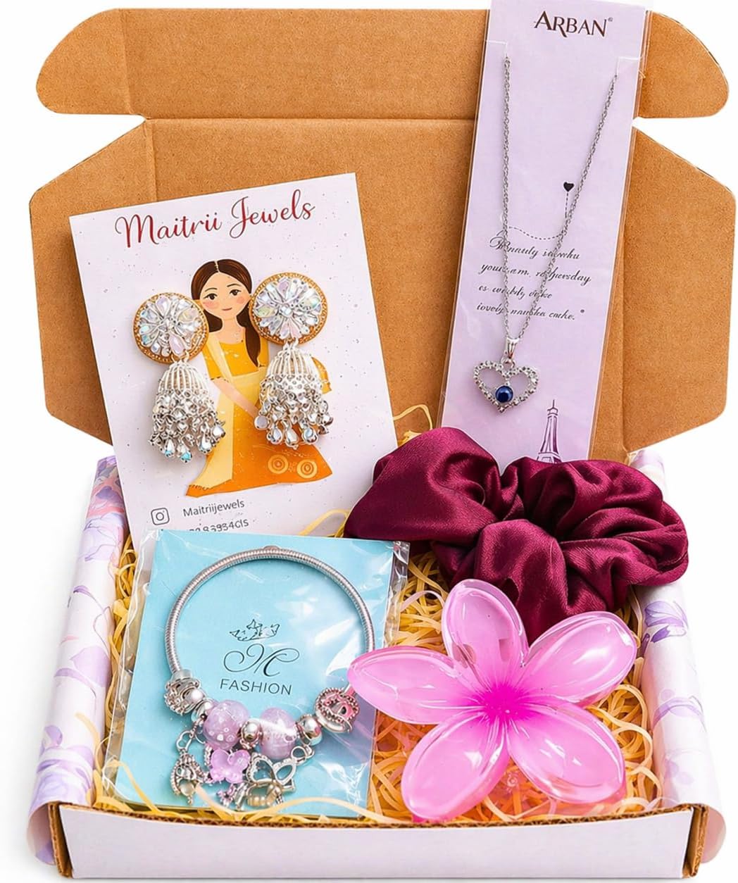 Jewellery Gift Hamper For Women – Earrings, Pendant Necklace, Charm Bracelet & Hair Accessories, Birthday Gift For friend, Sister, Women, 5 Pieces_5793