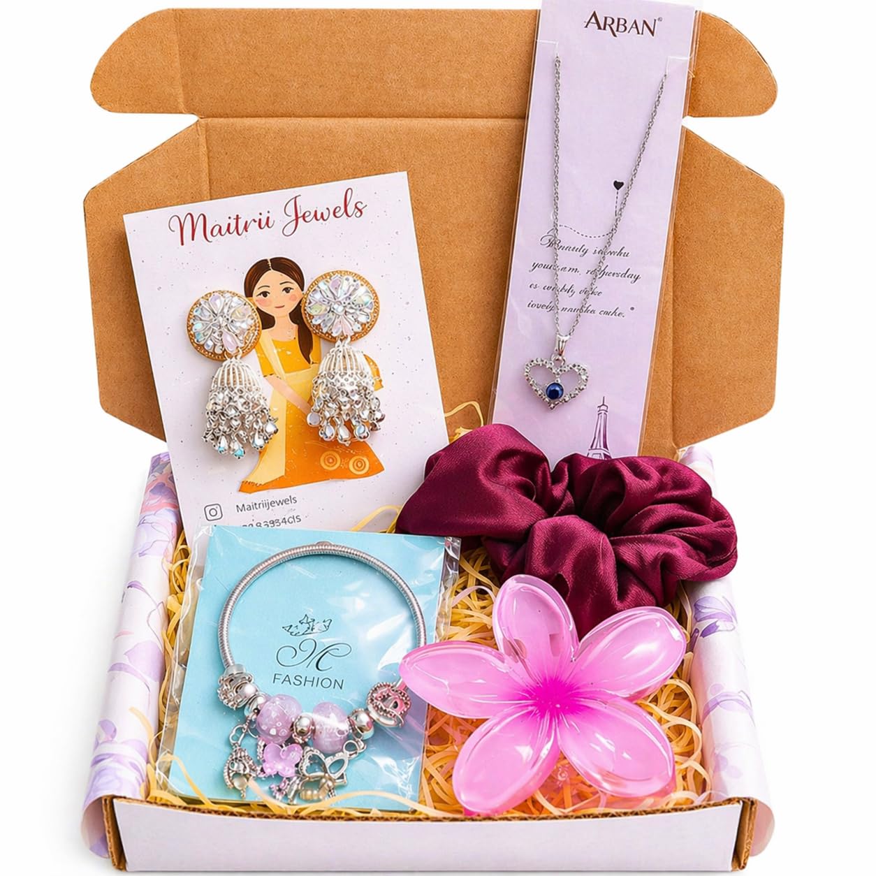 Jewellery Gift Hamper for Women – Earrings, Pendant Necklace, Charm Bracelet & Hair Accessories, Birthday Gift for Girlfriend, Sister, Women, 5 Pieces-image-14