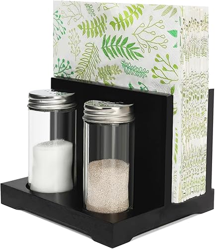AKKO Servilletero rústico con salero y pimentero, servilletero de madera para mesa con 2 botellas de especias, perfecto para mesa de comedor,