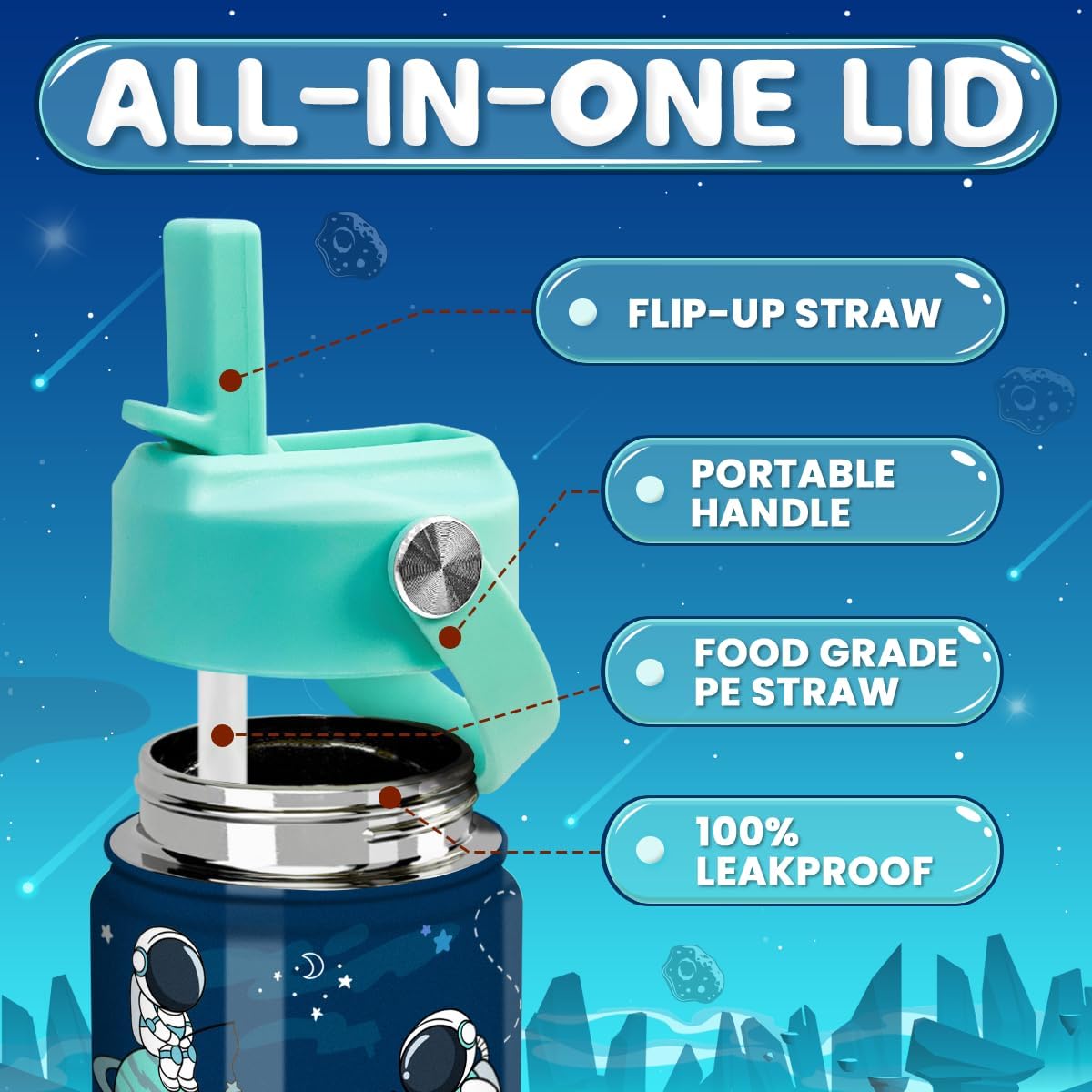 Astronaut Water Bottle - Kids Water Bottle with Straw Lid - 12 Oz Insulated Stainless Steel Water Bottles for Kid Boys - Travel Cup for School Sports - Image 3