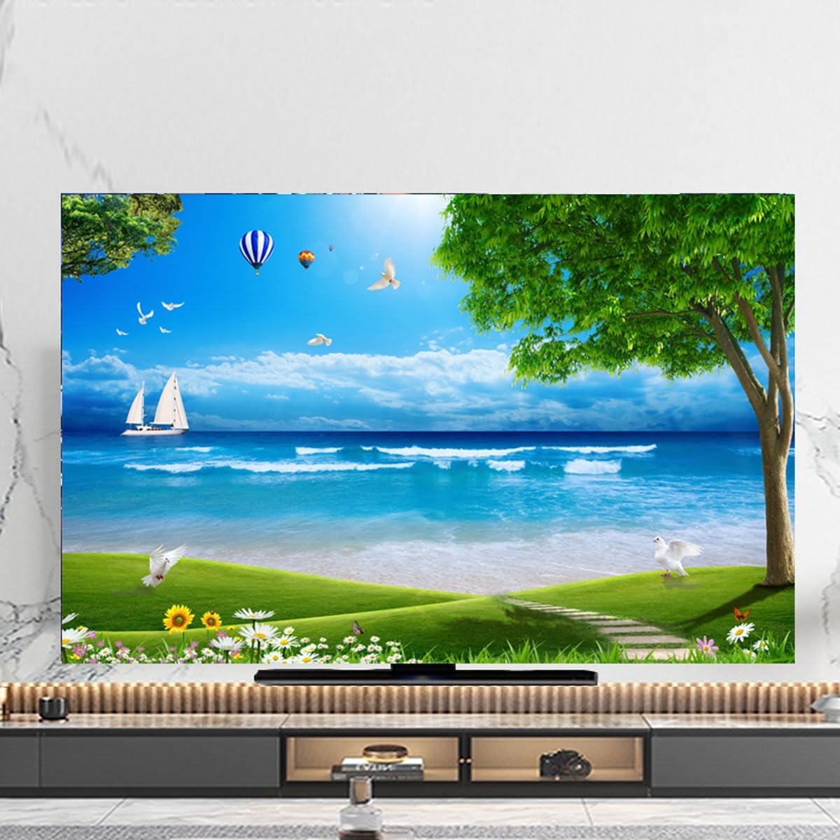 Chinese Landscape Painting Waterproof Dust Cover TV Cloth/computer Cover Desktop/Wall Hanging/curved Screen/cover, Living Room/Home Decoration Environmental Protection (Size:85IN(195x115cm),Color:A)