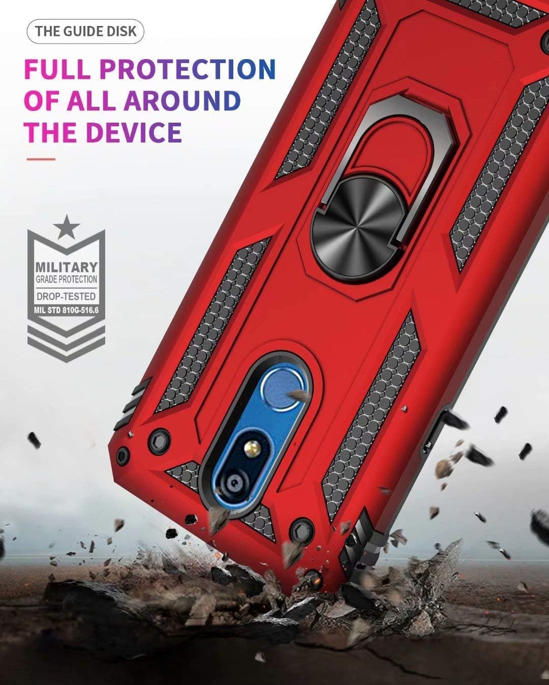 TJS Phone Case Compatible with LG K40/K12 Plus/X4/Solo LTE/Harmony 3/Xpression Plus 2, with [Full Coverage Tempered Glass Screen Protector] Impact Resistant Metal Ring Magnetic Support (Purple)