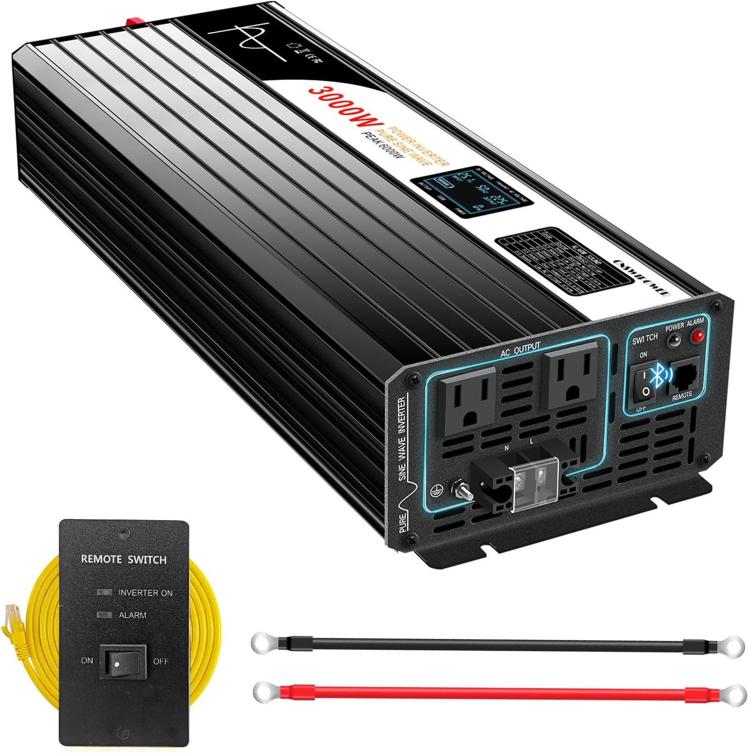 3000W Pure Sine Wave Power Inverter with Bluetooth, 6000W Surge, 12V DC(Range 10V-15V) to 120V AC Converter for Camping, RV, Truck & Home Backup