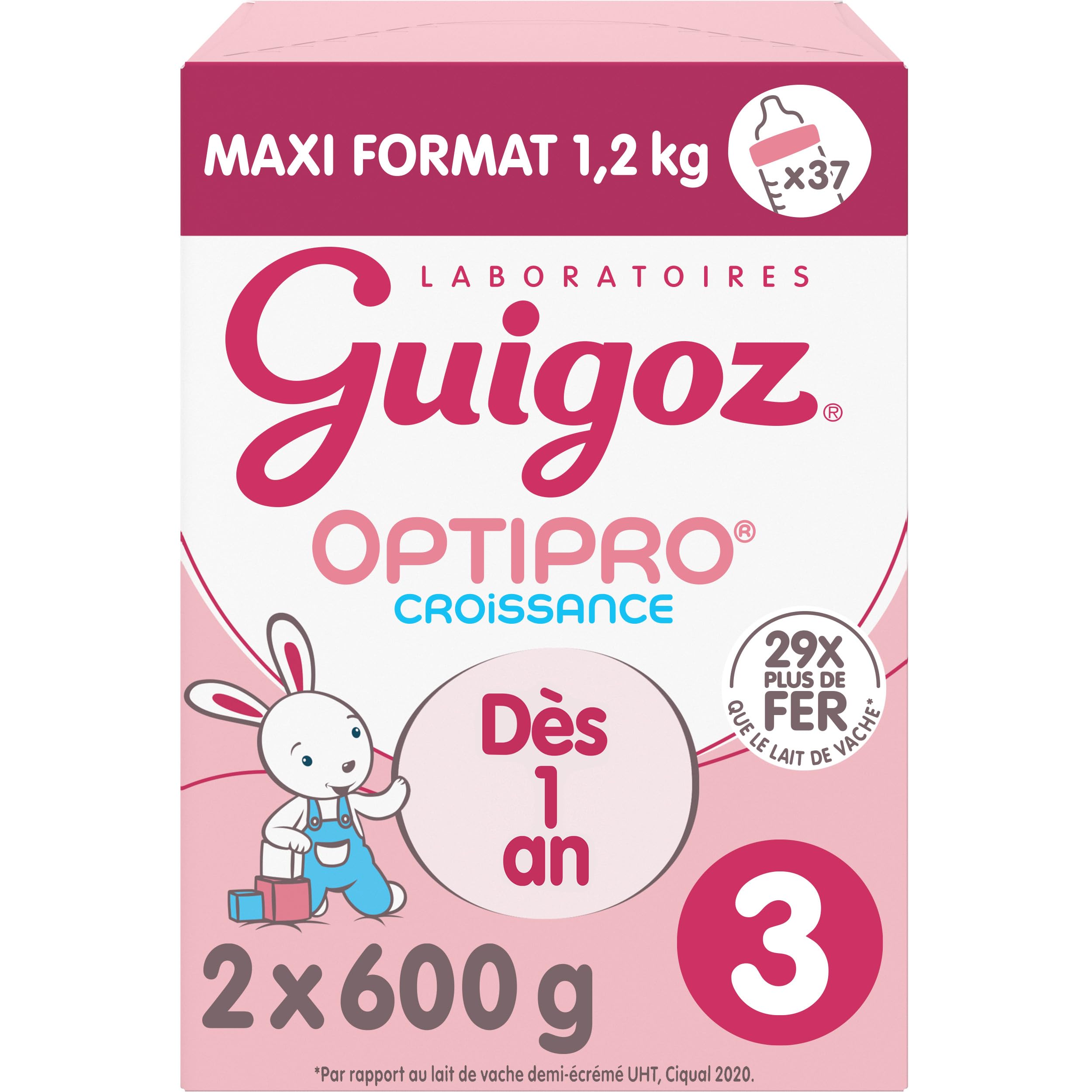 GUIGOZ CROISSANCE 3 OPTIPRO - DÈS 12 MOIS - Lait de croissance en poudre de 12 mois à 3 ans - BAG IN BOX (2 sachets de 600g)