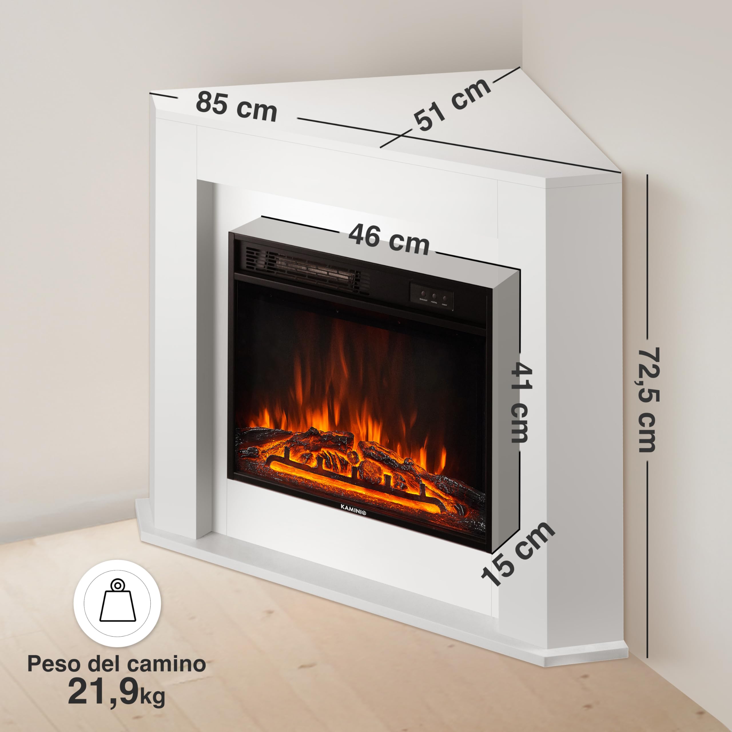 KAMINIO® Matti ANGOLARE Bianco Camino elettrico da appoggio | Caminetto elettrico da terra decorativo, termocamino con effetto fuoco 3D, LED d'ambiente, timer, termostato e telecomando
