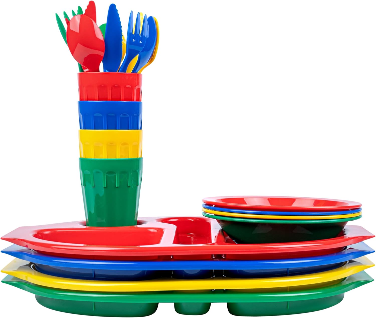 Restaurantware Dinnerware Set 12 Count 8.5 x 4.73 Inch Plastic Dining Set Forks Spoons Knives Bowls and Trays, Reusable Dishwasher-Friendly Assorted Colors Microwave-Safe Stackable Cups