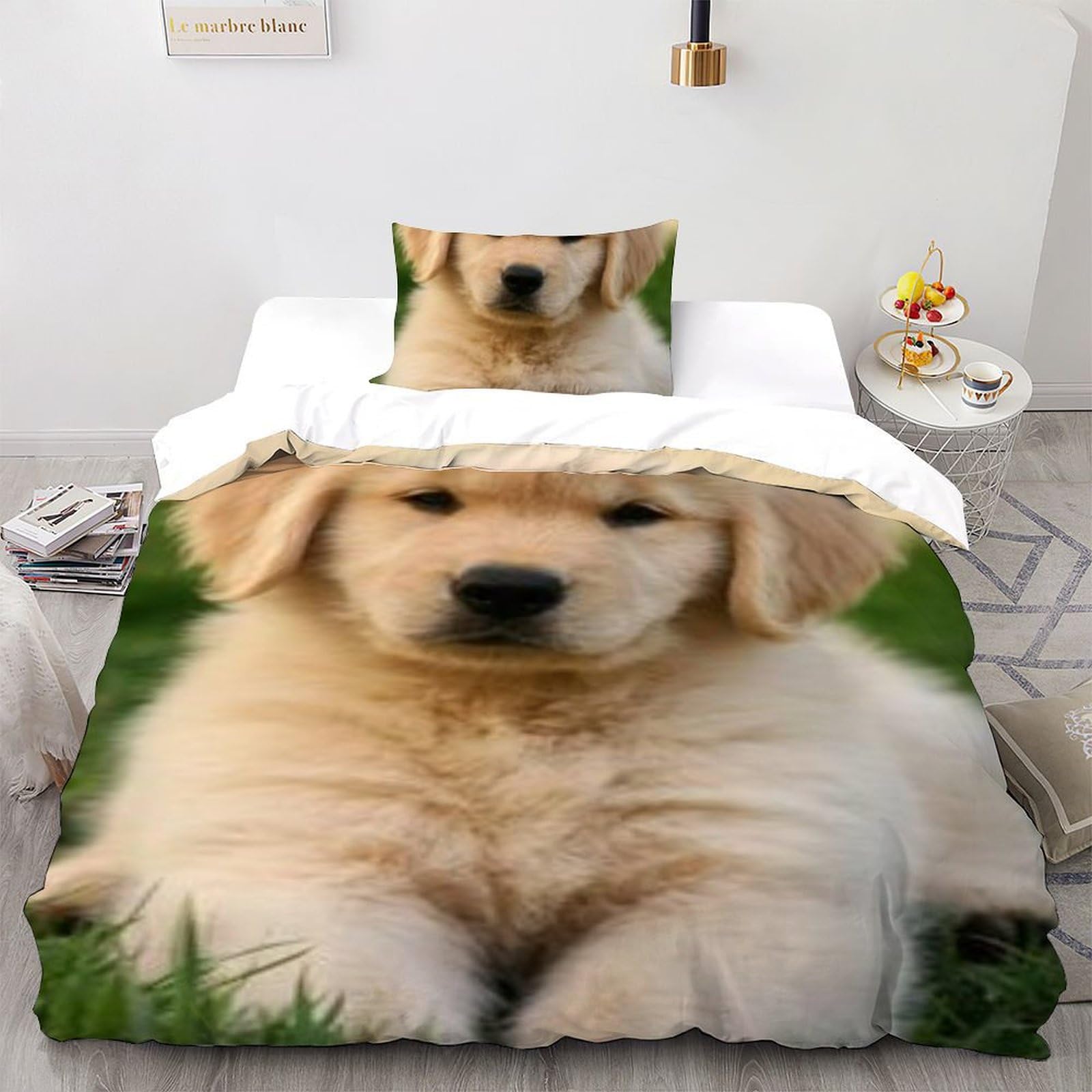 Housse de couette chiots imprimé 3D animaux microfire 135x200cm taie d'oreiller lit single