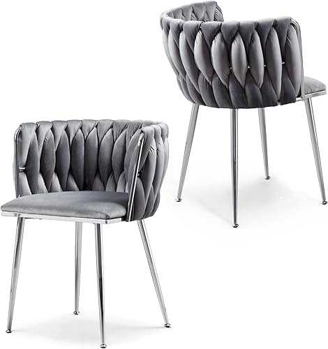 Juego de 2 sillas de comedor de terciopelo, sillas laterales tapizadas tejidas con patas de metal plateado, sillas de ocio de acento moderno, sillas