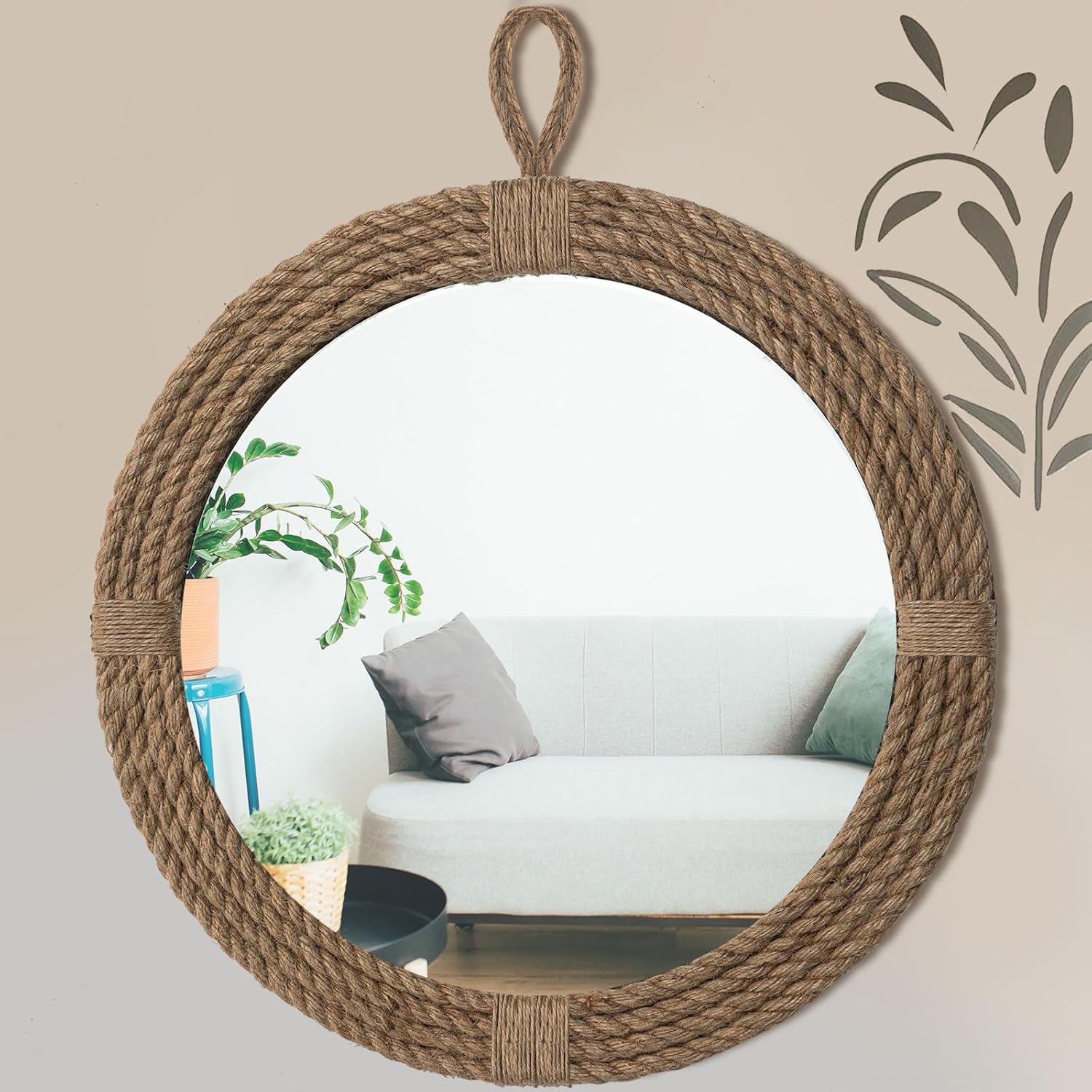 Nautical Mirror 24 Wall Decor with Rope Wrapped Trim and Hanging Loop Round Circle Coastal Boho Mirror Nautical Rustic Decorative for The Living Room, Bedroom Bathroom and Entryway