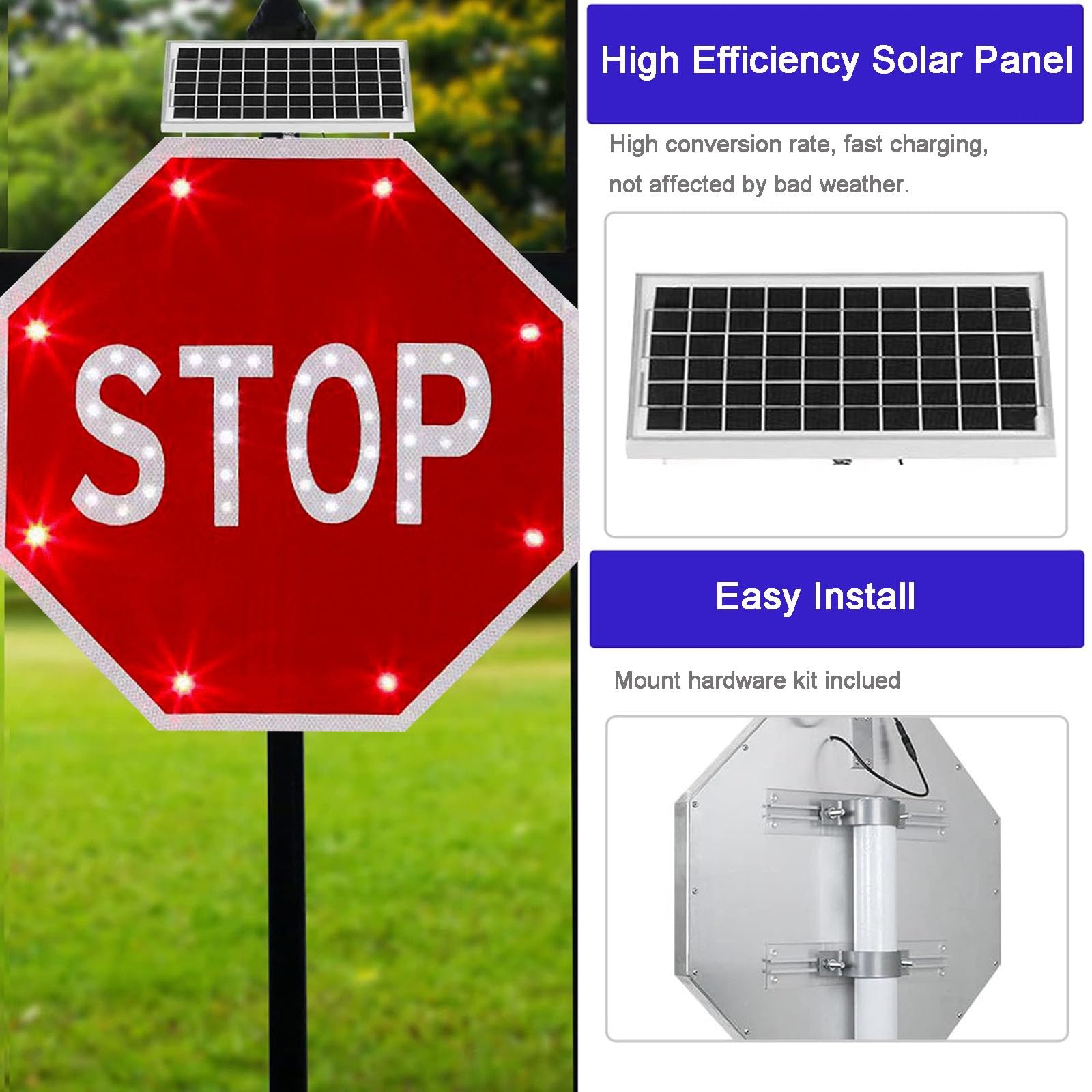 24'' Stop Sign, Street Traffic Warning Sign with Solar Powered - Solar Powered LED Blinking Reflective Street Flashing Traffic Warning Sign(60CM/24IN)