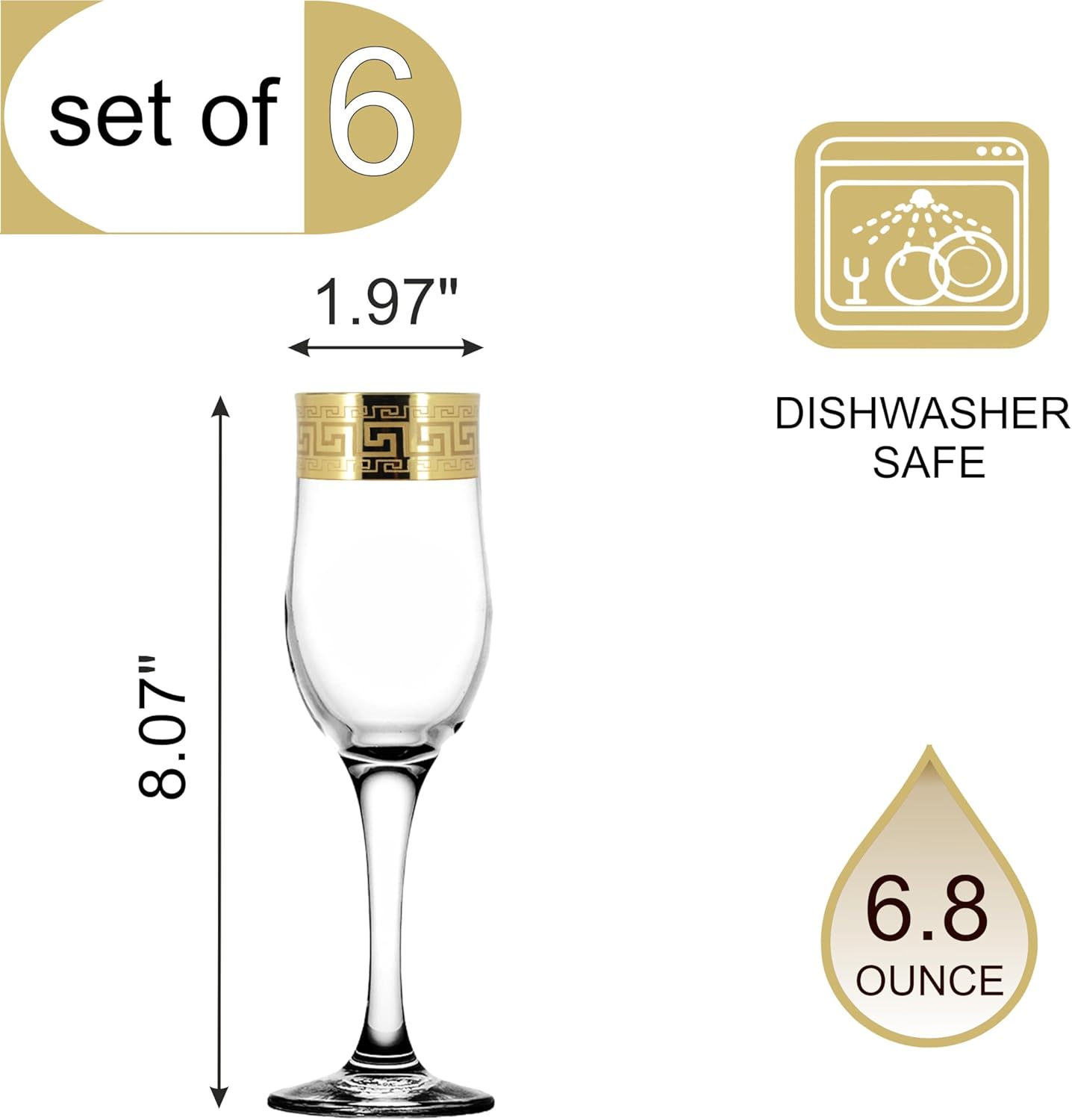 Joseph Sedgh Collection Greek Key Champagne Flute Glasses Set of 6-6.8 oz Round Cylinder Champagne Glasses with Stem, Dishwasher Safe Premium European Grade Glassware - Image 2