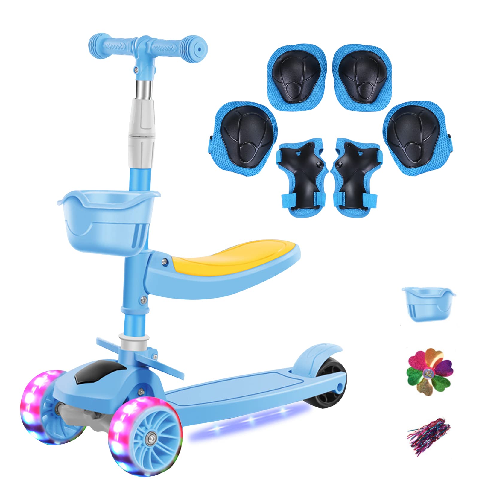 DAYONG 3 Wheels Kids Scooter and Protective Gear Set, 4 Adjustable Height,flashing wheels, multifunctional better-looking,breathable For Kids Age 2-7 years.