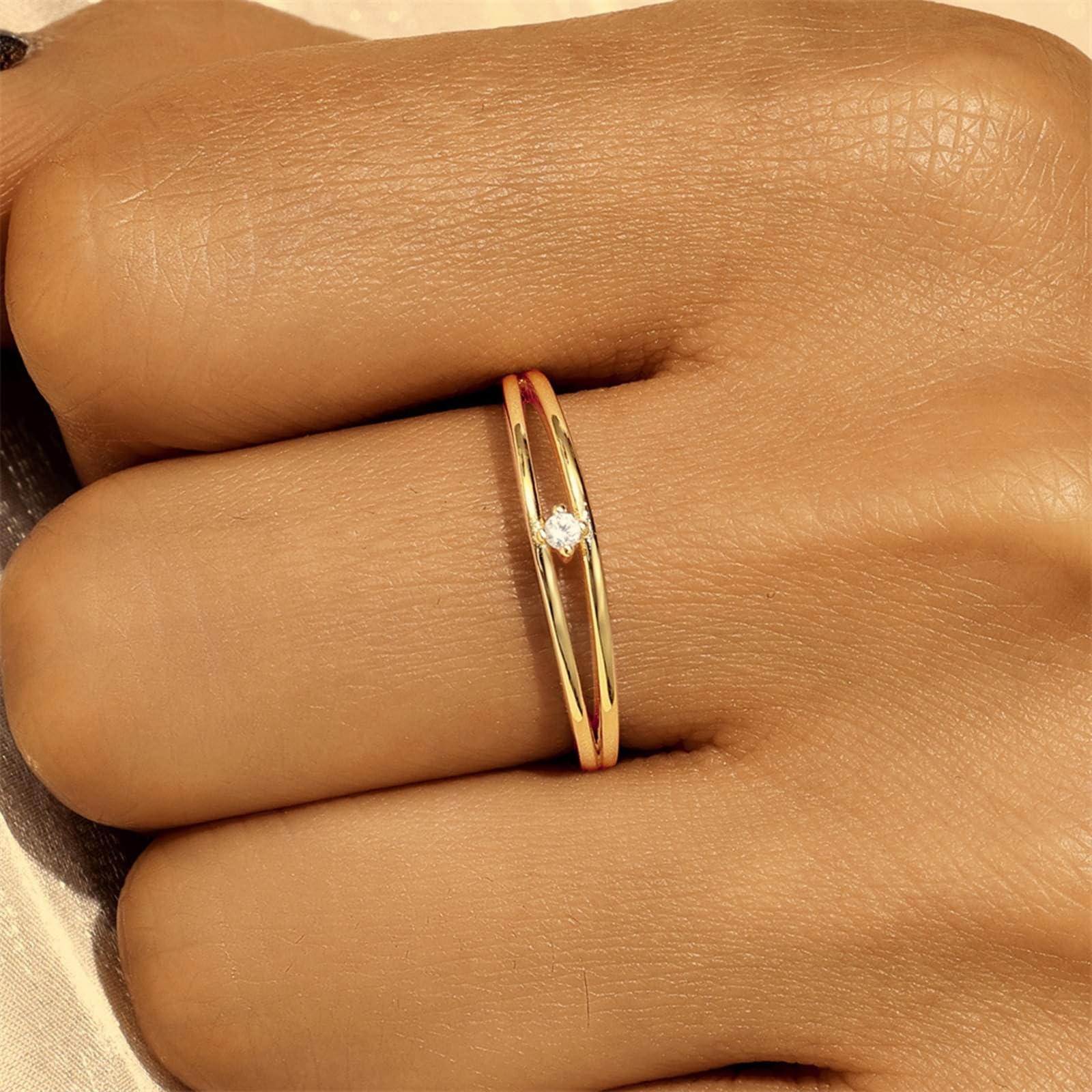 Anello da donna in oro giallo 9 K/14 K, con pietre intarsiate a doppio strato
