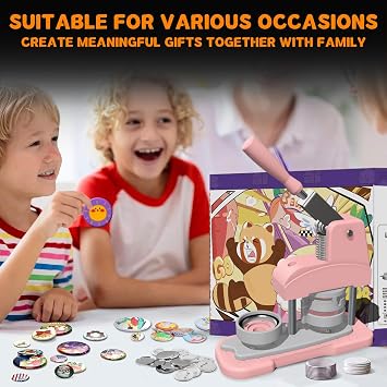 Pink Button Maker Machine 58mm (2.25 inch), DIY Button Pin Maker Machine with Free Button Parts, Circle Cutter, Cutting Board, Pattern Paper, Holographic Bags, Colored Film, and Protective Case