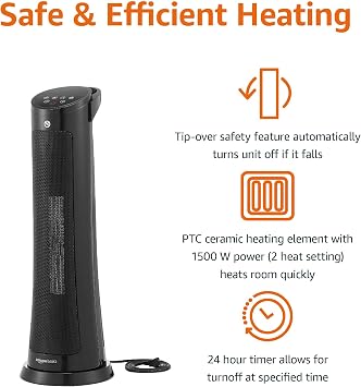 Amazon Basics 28-Inch Oscillating Tower Heater With Overheat and Tip-Over Protection, Fast Heating, 2 Heat Settings, Fan Mode, Timer, Remote Control, LED Display, 1500W, 9.4D x 9.4W x 28.6H, Black