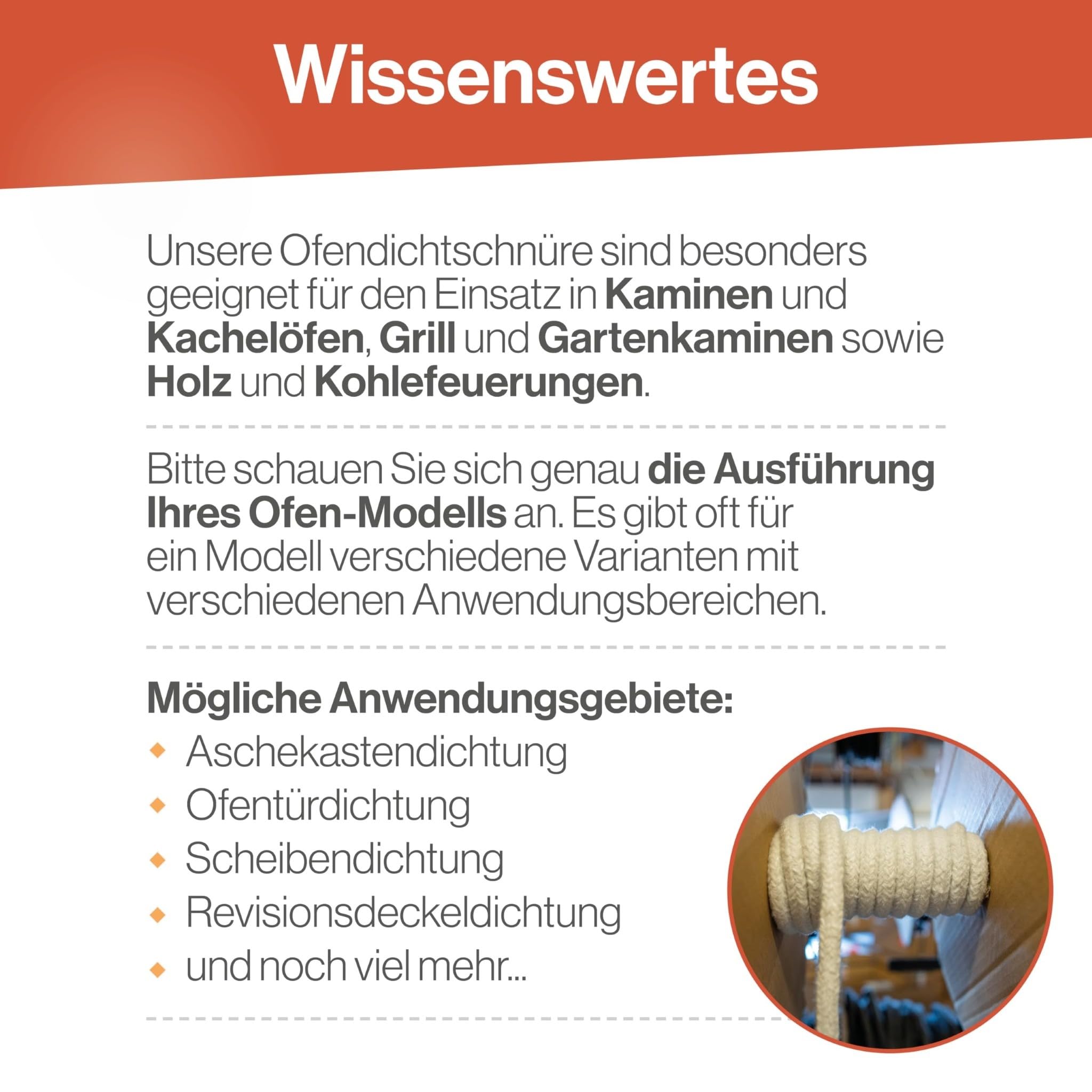 Ofendichtschnur Eckig 20x20 mm x 2 Meter, Ofen-Dichtungsband für Kaminofen, hitzebeständig bis 800 °C, Keramische-Faser, Abdichtung für Kamine & Öfen, reißfest
