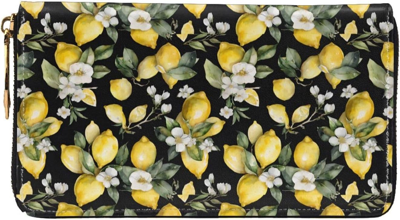 Leather Long Handheld Lemon And Flower Wallet, Classic Men'S And Women'S Card Bag, Casual Id Bag.