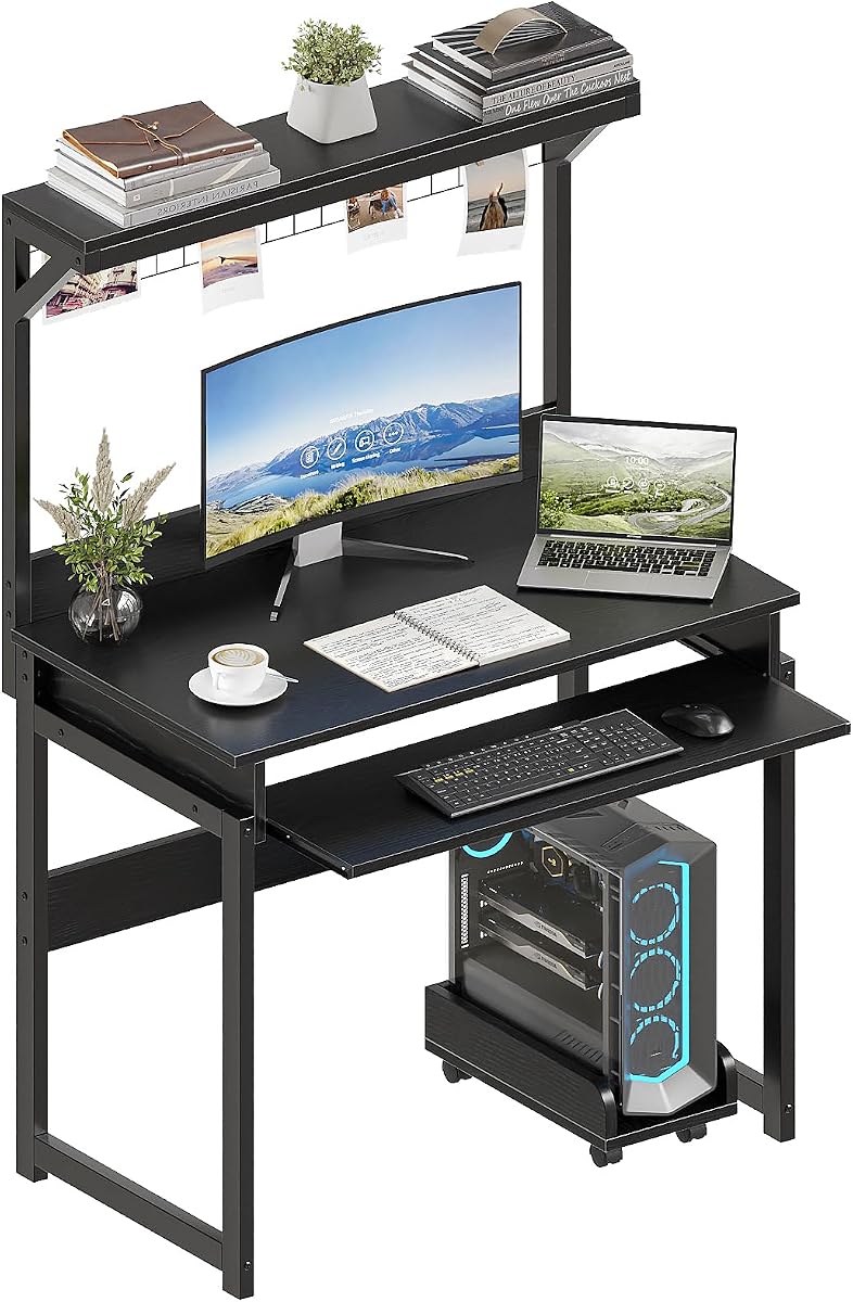 31.5" Small Computer Desk with Hutch, Office Desk Study Table Writing Desk Workstation PC Table for Home Office, Space Saving Design
