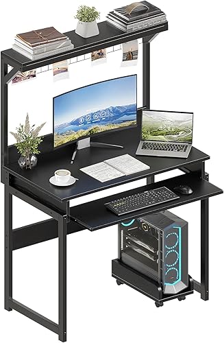ALISENED 31.5" Small Computer Desk with Hutch, Office Desk Study Table Writing Desk Workstation PC Table for Home Office, Space Saving Design Negro