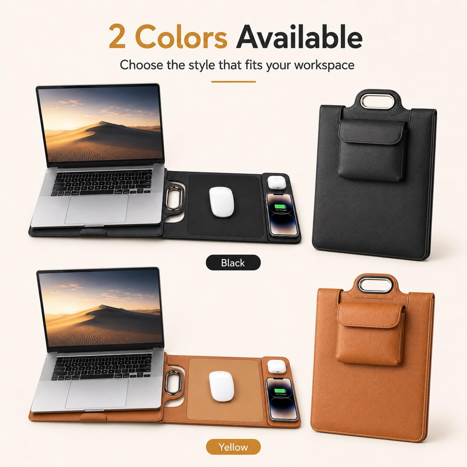 Custodia for Workstation Mobile All-in e Borsa for Laptop Pieghevole | Tappetino for Mouse con Ricarica Wireless Rapida 15W e Organizer Ergonomico da Viaggio for Professionisti(Nero,Dual)