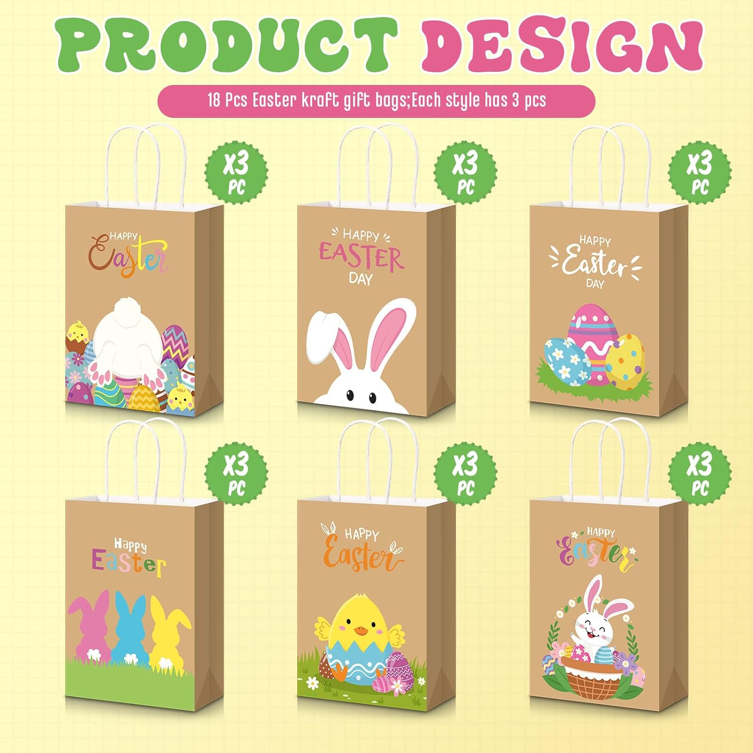Pasimy 18 Pcs Easter Gift Bags Bulk with Handles Happy Easter Day Kraft Paper Bunny Colorful Eggs Goodie Treat Bags for Candy Cookies Snacks Spring Party Favor Supplies Hunt,8.7 x 6.3 x 3.2 Inch - Image 3