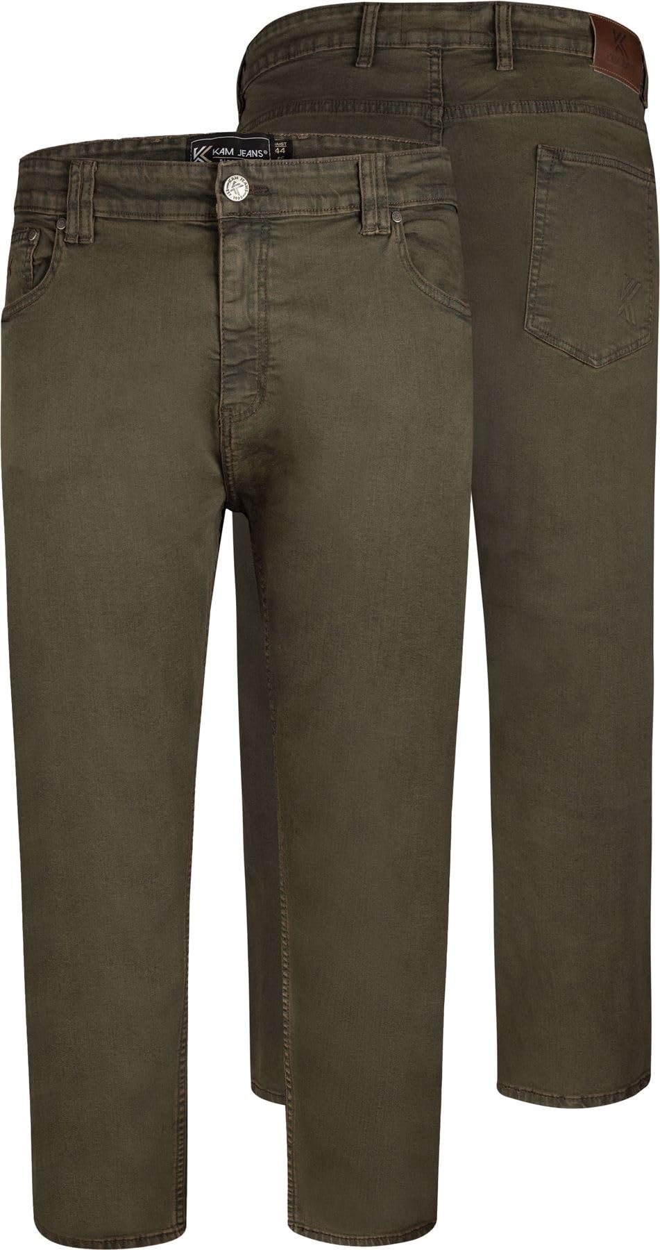 KAM Jeans Regular Fit Zip Fly Belt Loops Pockets Casual Pants Mens 40-60W Bens (UK, Waist, 48, Regular, Short, Khaki)