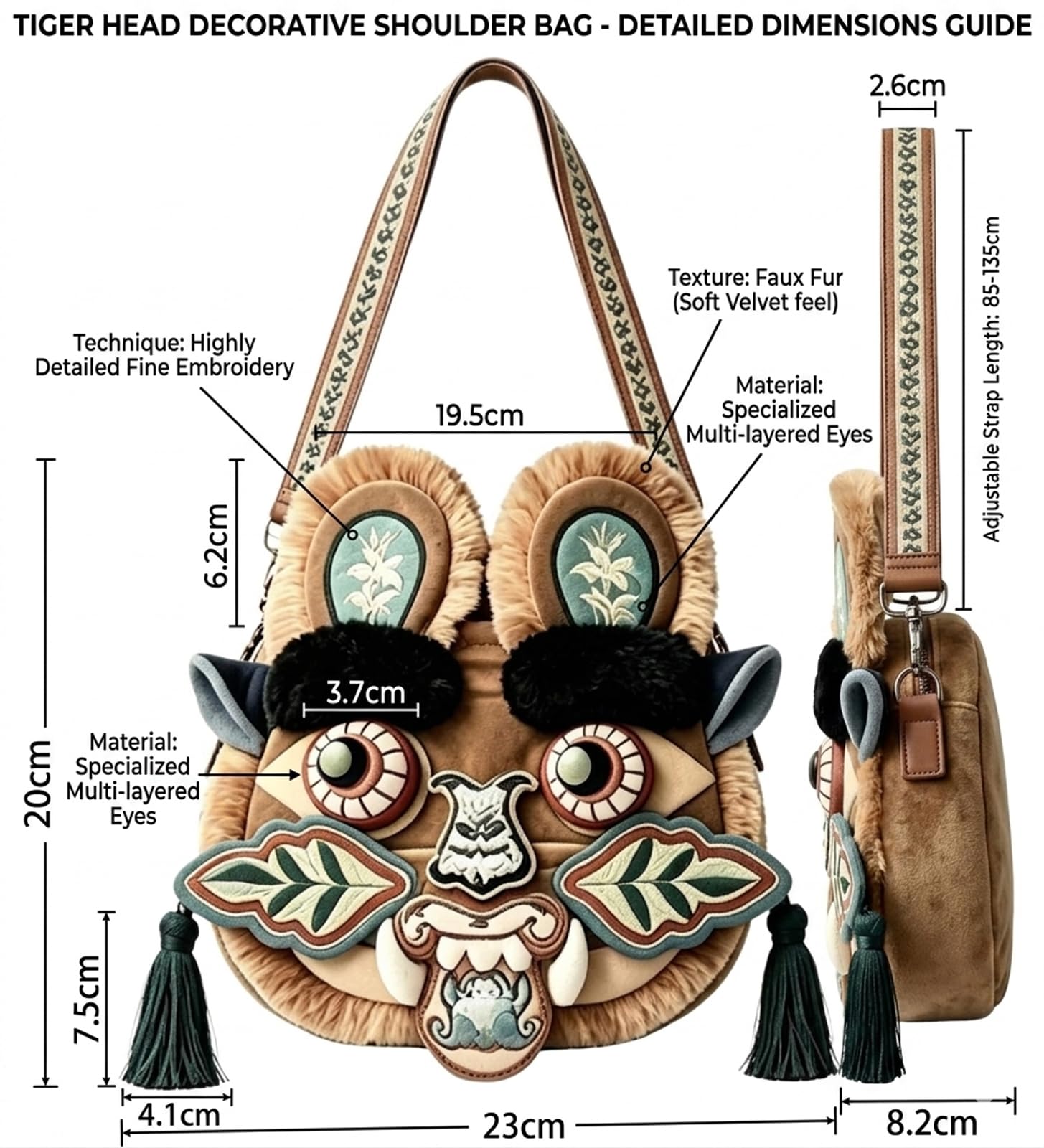 Handmade: niematerialne dziedzictwo kulturowe tygrys głowa torba - tradycyjna chińska sztuka ludowa torebka crossbody dla dzieci i dorosłych - prezent kulturalny, haft maskotki