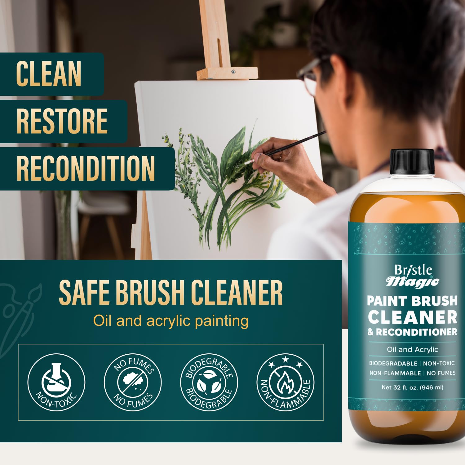 Bristle Magic Oil Paint Brush Cleaner and Restorer-Paintbrush Cleaner for Acrylic, Oil, and Glass Paints-Biodegradable, Non-Toxic, Odorless, Eco-Friendly, Quick-Clean Formula Paint Remover (32 Fl Oz)