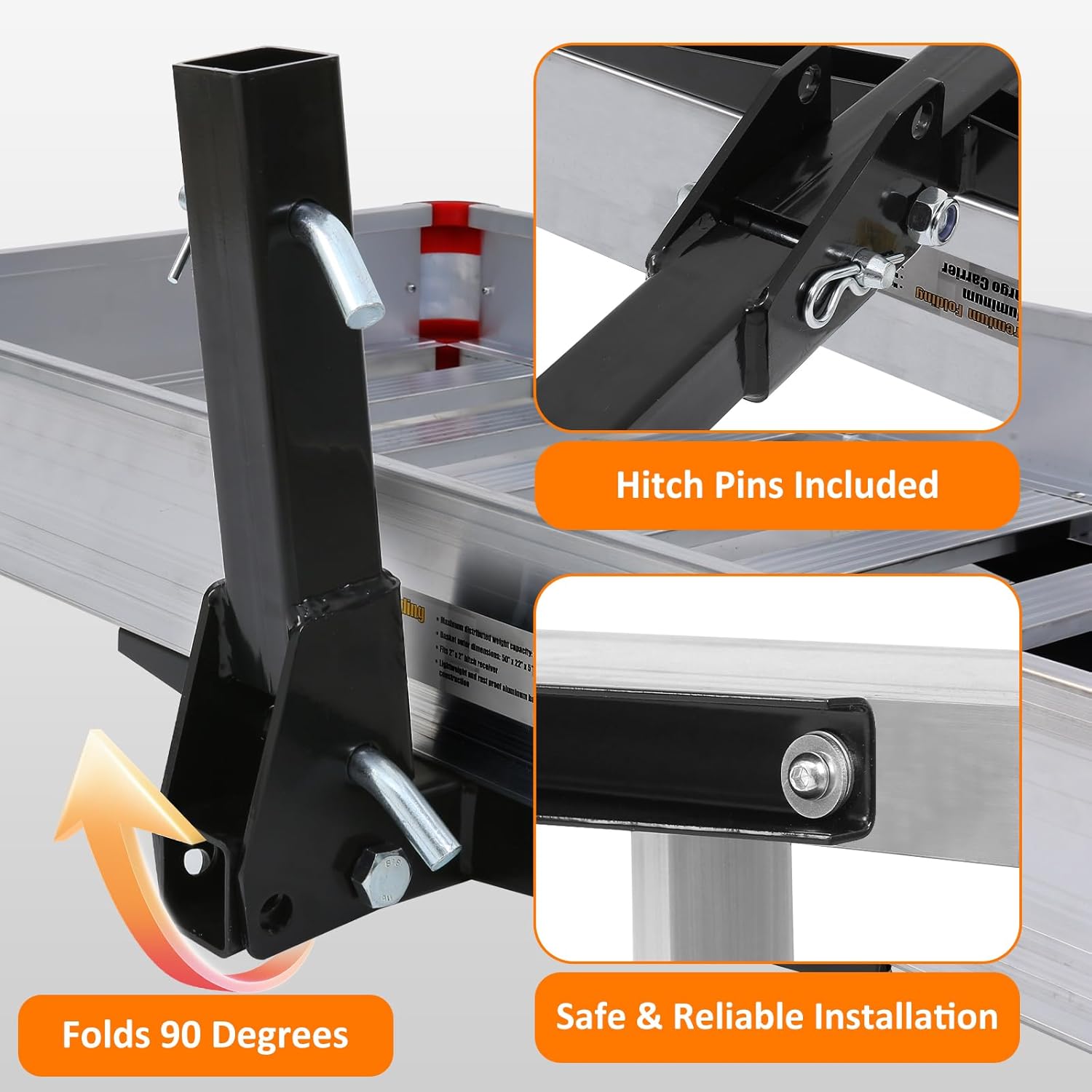Close-up image showing the hitch pins inserted into the receiver and the folding mechanism of the cargo carrier.