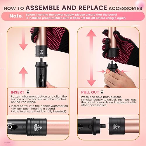 Miniatura 3 de Juego de rizador 5 en 1, rizador de pelo intercambiable, barriles de cerámica (0.35 a 1.25 pulgadas), guantes protectores contra el calor de barril,