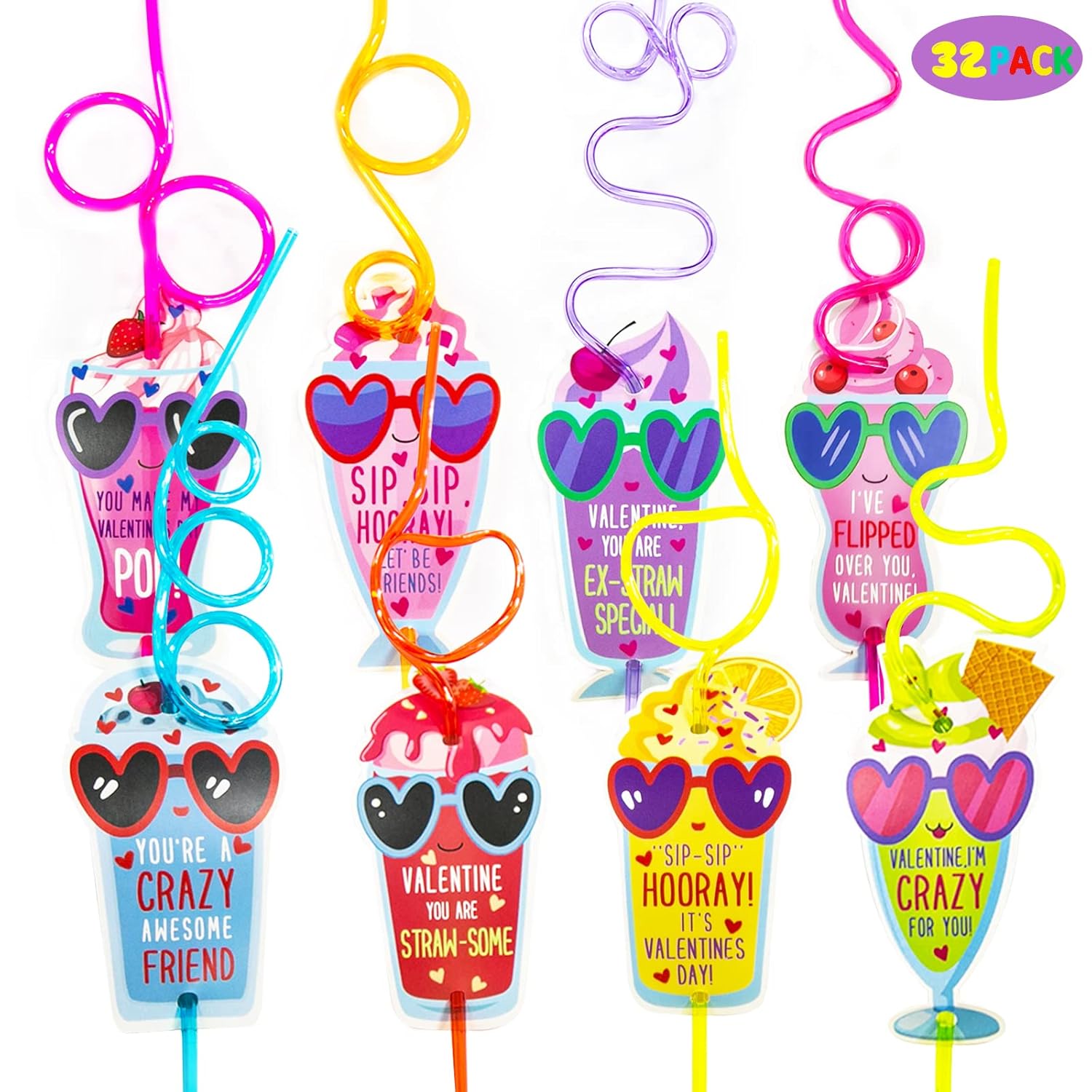 Valentines Day Gifts for Kids - Valentines Day Cards for kids - Set of 32 Crazy Straws Bulk