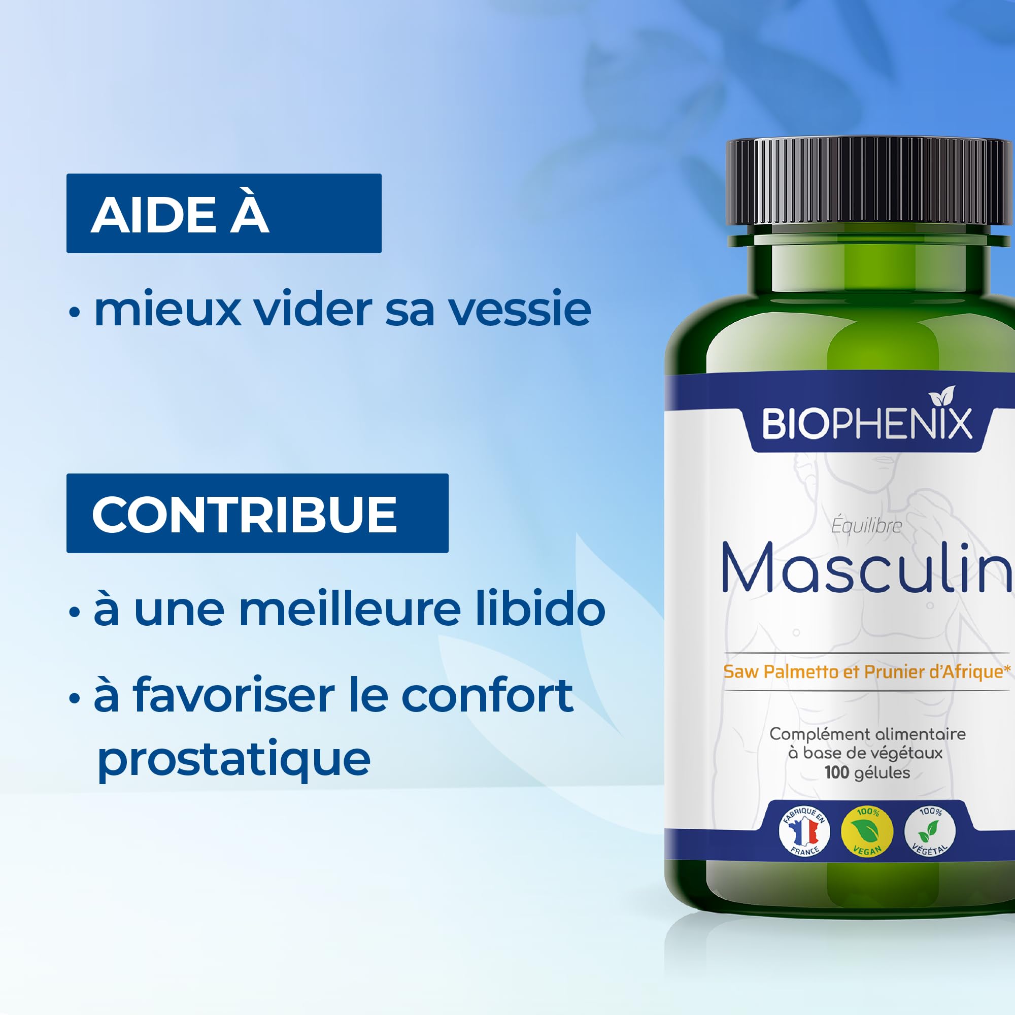 Biophénix Equilibre Masculin 100 Gélules - Complément Alimentaire 100% Naturel à Base de Végétaux - Saw Palmetto et Prunier d'Afrique - Confort Urinaire et Prostatique
