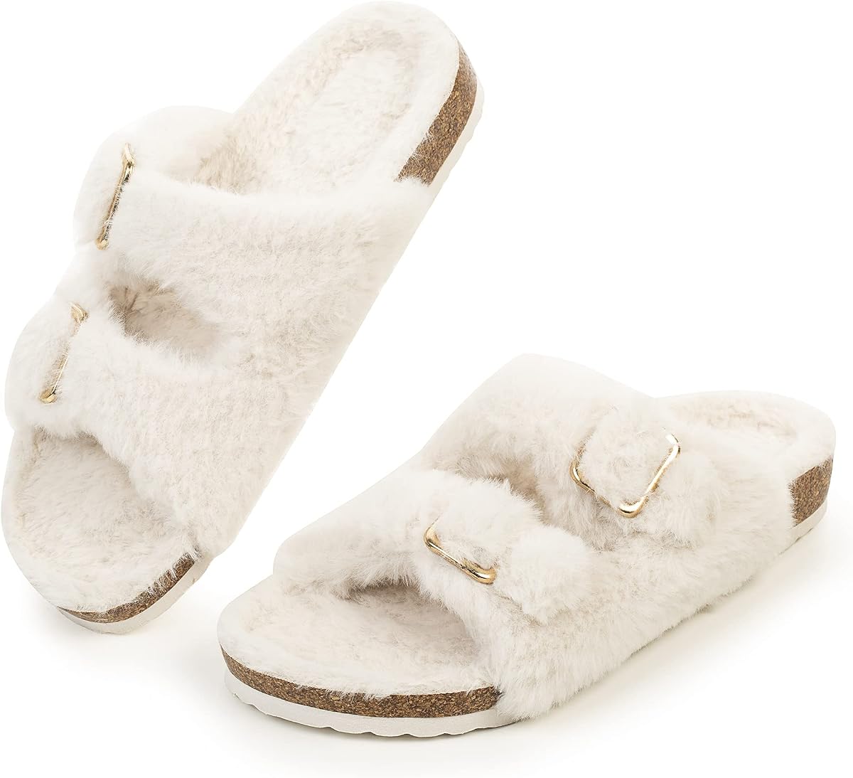 Womens Open Toe Slippers,Faux Rabbit Fur Cork Slides Sandals